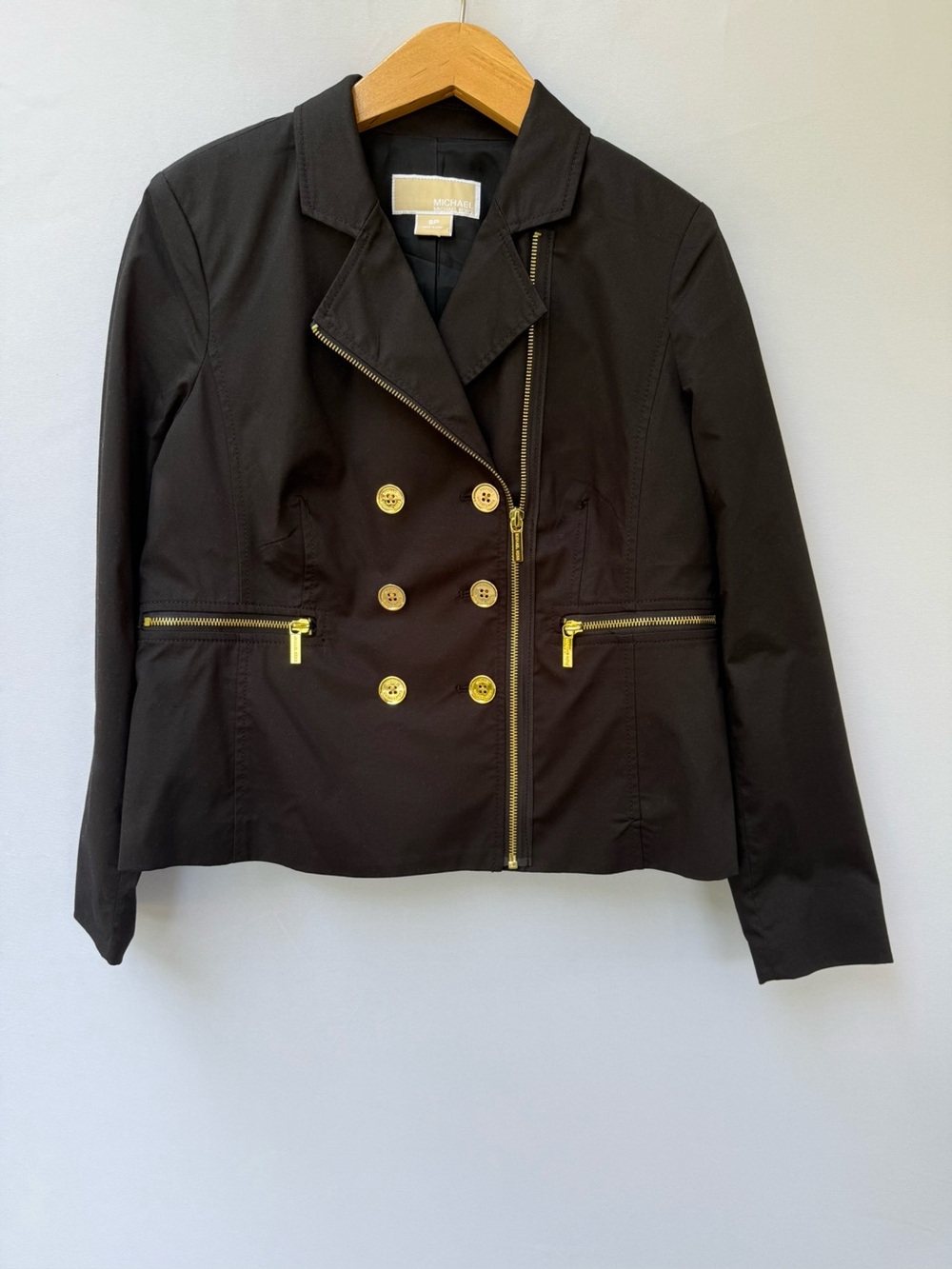 Michael Kors Black Moto Trench Jacket Gold Buttons Zip 8P Petite NWOT